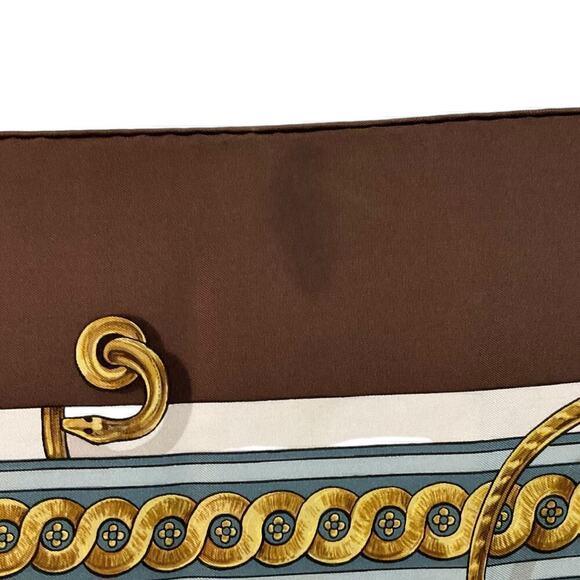 Hermes  Bride de Cour Brown, Blue, White, and Gold 100% Silk Scarf 90cm Square - Picture 8 of 16